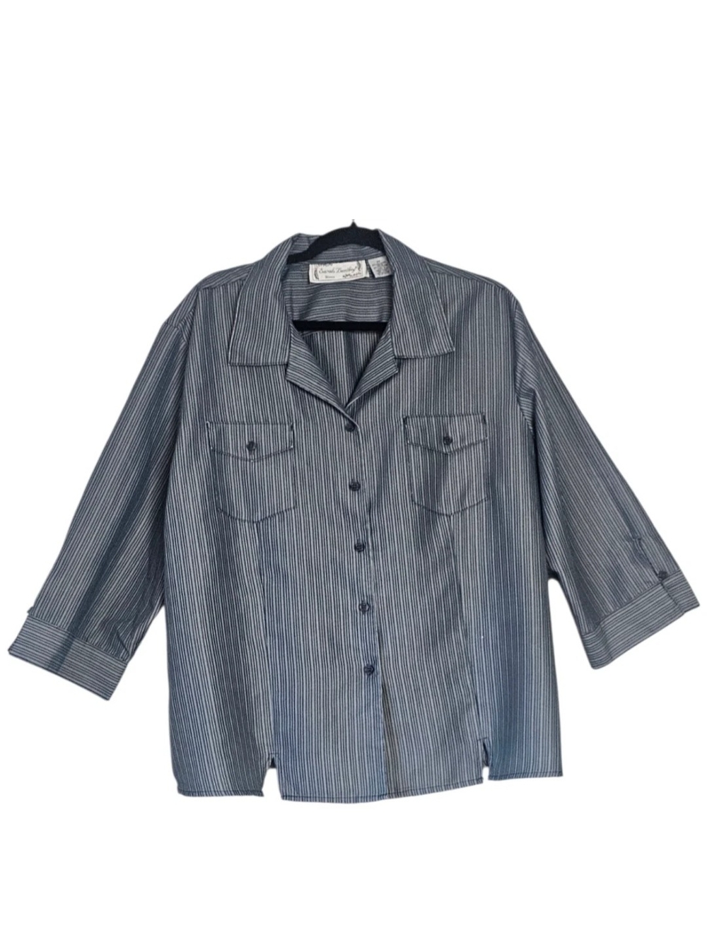 Sarah Bentley Women Button Down Top Jacket Gray Strips 3/4 Sleeve 2X Lightweight